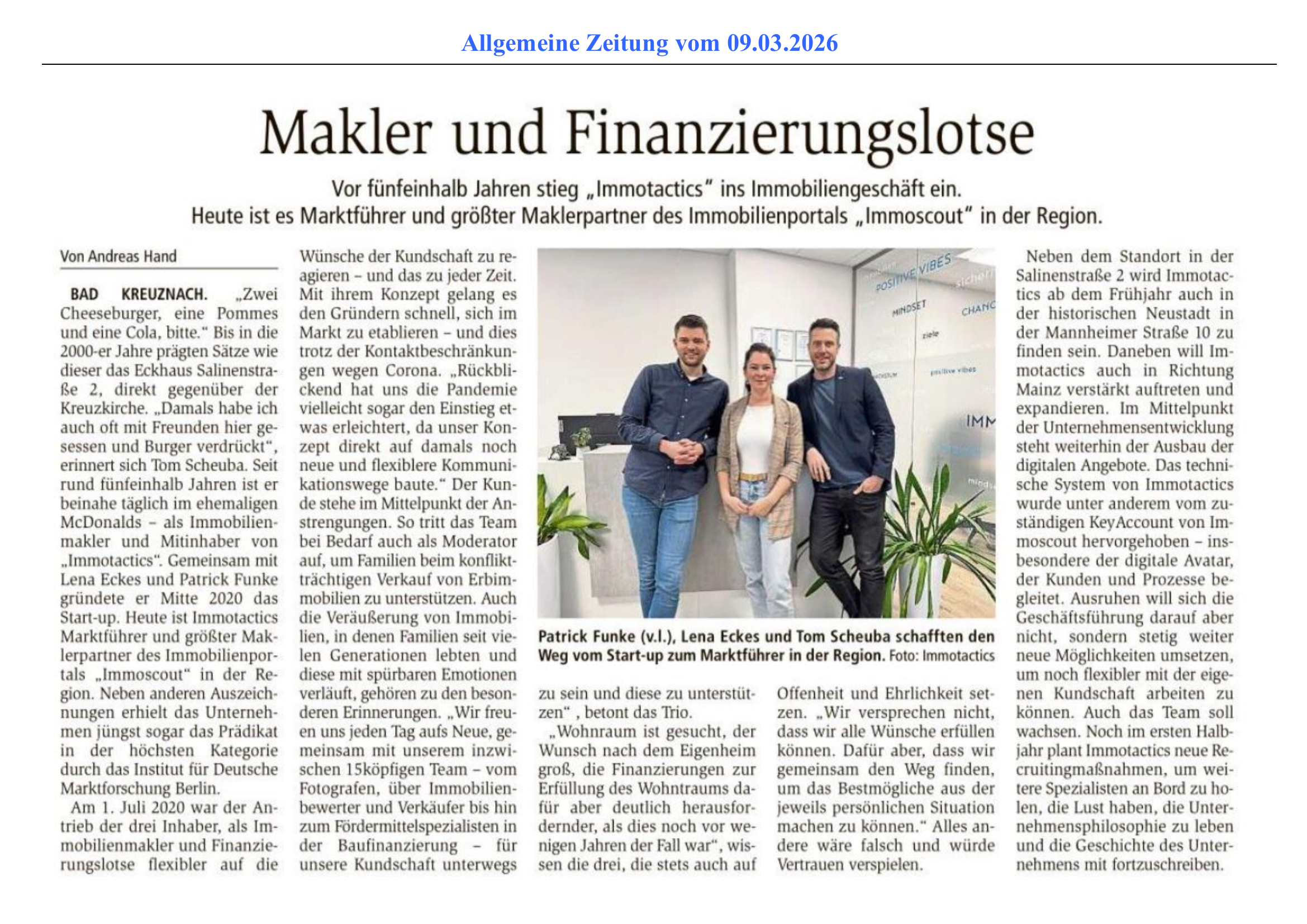 Allgemeine Zeitung – Immotactics Artikel